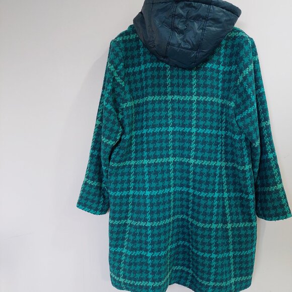 Isaac Mizrahi Navy and Green Plaid Trench Coat With Lined Removable Hood Sz 16 - Picture 5 of 11